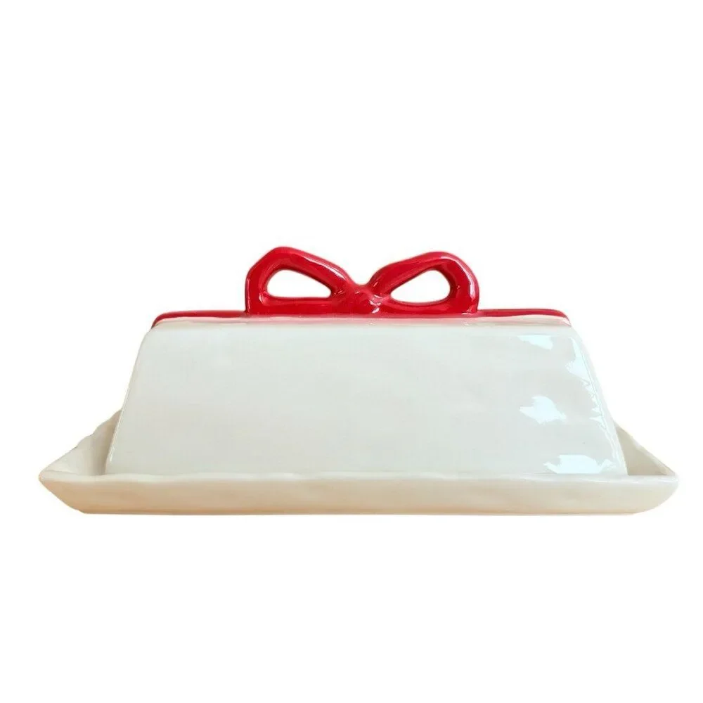 Anthropologie Benedita Bow Ceramic Stoneware Butter Dish Red Ribbon Ivory New
